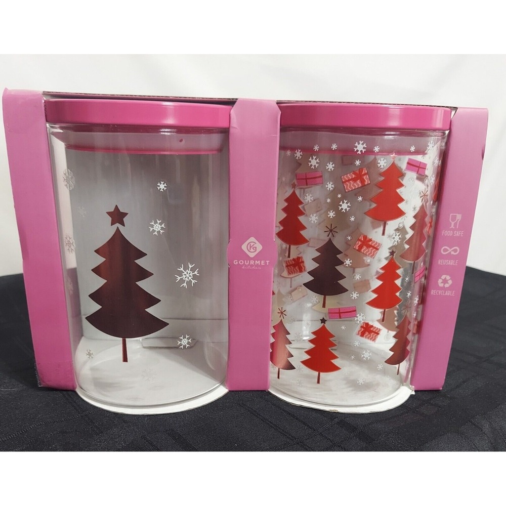 Gourmet Kitchen Round Glass Canisters 2PK Pink Lids Christmas Tree Snowflake 1L